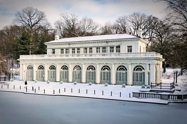 A photo of the Boathouse in Prospect Park in snow